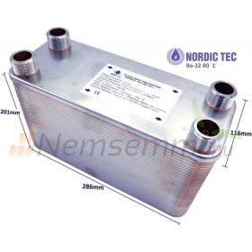   Lemezes hőcserélő 80 lemezes 286 mm hosszú 450kW 4x1” külső csatlakozással