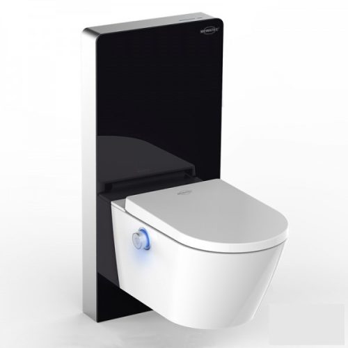 Complete toilet and bidet with premium toilet tank in black with glass cover and contactless flushing