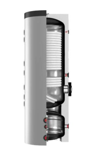 Hybrid tank with 2 heat exchangers compatible with heat pump 300/90l Combined with indirect storage and buffer tank built into DHW 