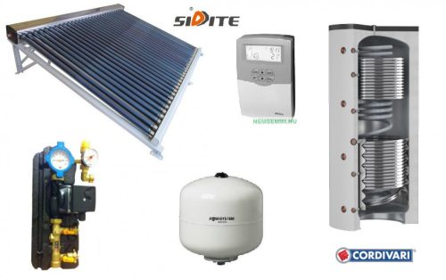 Solar collector system for heating and DHW production: 50-pipe collector + 500-liter Cordivari buffer tank with 3 heat exchangers + pump station + control + expansion tank