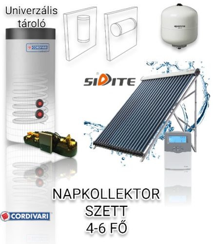 Flat plate collector set for 4-6 people: 1 x 30-pipe Big-Pipe solar collector, Cordivari 300 liter boiler with 1 heat exchanger, pump station with control, expansion tank