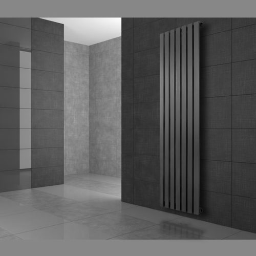 Modern design radiátor 260x1400 mm 492W antracit szín középső bekötéssel fali csatlakozással és termosztáttal különleges hosszított és keskenyített, stílusos megjelenés