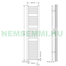   Törölközőszárító radiátor 300 x 1800 mm 555W fehér egysoros - egyenes változat oldalsó csatlakozással