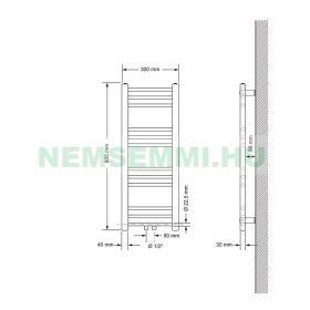 Törölközőszárító radiátor 300 x 800 mm króm egyenes változat központi csatlakozással