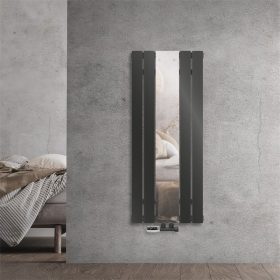 Tükrös radiátor 450x1200 mm antracit szín különleges tükör berakással fali csatlakozású szelepcsappal, stílusos és egyedi megjelenés
