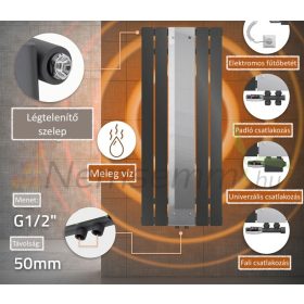 Tükrös radiátor 450x1200 mm antracit szín különleges tükör berakással fali csatlakozású szelepcsappal, stílusos és egyedi megjelenés