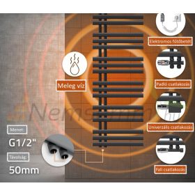   Modern radiátor 500x1400 mm antracit szín 1200W kiegészítő fűtőbetéttel, különleges formatervezés, stílusos megjelenés 