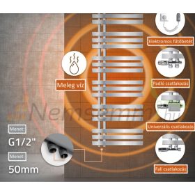   Modern radiátor 500x1400 mm króm szín 1200W teljesítményű kiegészítő fűtőbetéttel, különleges formatervezés, stílusos megjelenés 