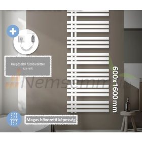   Modern designer radiátor 600x1600 mm 900W fűtőbetéttel fehér egysorors - egyenes bal oldali csatlakozással