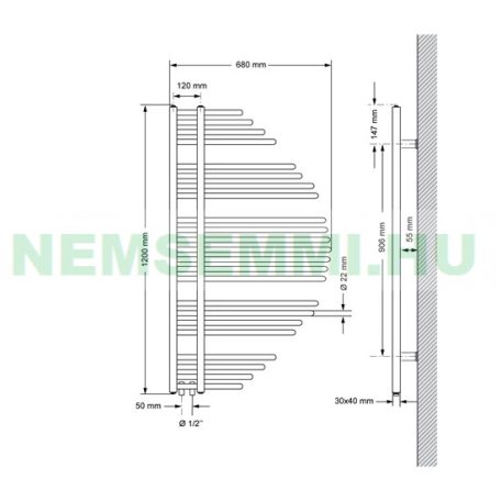 Törölközőszárító radiátor 680x1200 mm fehér modern design fű