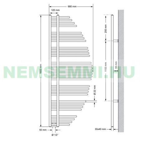 Törölközőszárító radiátor 680x1653 mm fehér modern design fű