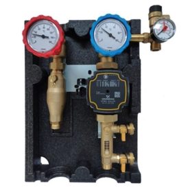   Napkollektor szivattyú állomás 2-12 l/p 2 oldali GRUNDFOS keringető szivattyú csoport hőszigetelt + buborék leválasztó + nyomásmérő óra