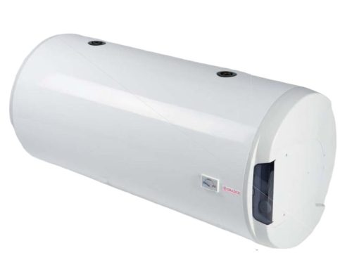 Horizontally installed 200-liter horizontal wall storage boiler jacket indirect storage for domestic hot water with heat exchanger, 5-year warranty. Water heater with electric heater