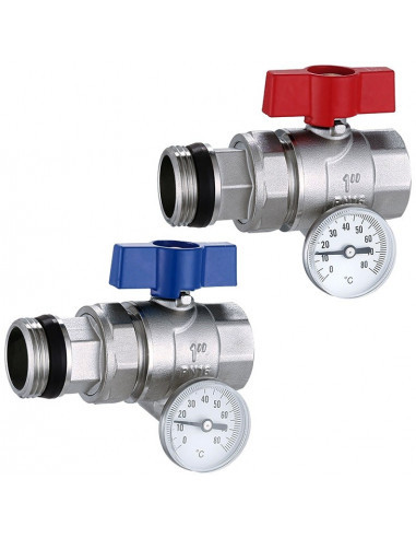 Shut-off valve set with thermometer 1" DN25 ball valve with thermometer, valve with temperature gauge