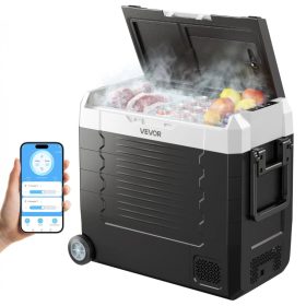   55 literes kompresszoros autós hűtőláda APP vezérléssel kétzónás hűtő-fagyasztó 12/24V DC és 230V AC, kerekekkel