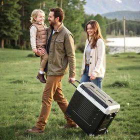  55 literes kompresszoros autós hűtőláda APP vezérléssel kétzónás hűtő-fagyasztó 12/24V DC és 230V AC, kerekekkel