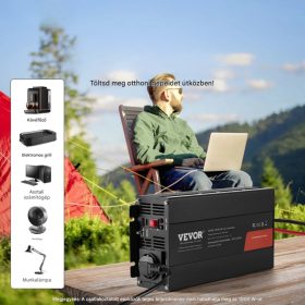   Tiszta szinuszos inverter 12V 1000 W DC, AC 230 V feszültségátalakító 1 hálózati aljzattal, 1 USB porttal, 1 C típusú porttal, távirányítóval okos eszközökhöz