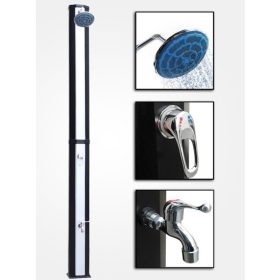   Szétszedhető kerti zuhanyzó 35 literes szolár zuhanyzó lábmosó csappal. Elegáns, ezüst csíkkal, kis szállítási és tárolási mérettel 2 év garanciával.