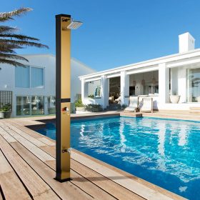   Szolár zuhany 40 literes szögletes kialakítású kültéri napelemes zuhany – fekete és szálcsiszolt arany kivitel, PVC testtel, krómozott ABS esőztetővel