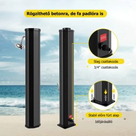   Szolár kerti zuhany, 40L, ezüst-fekete, lábzuhannyal és esőztető fejjel, PVC és krómozott ABS