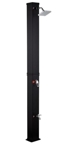 Szolár kerti zuhany 40 literes szögletes fekete színű, lábmosócsappal és esőztető fejjel, PVC