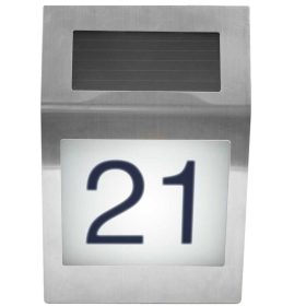   Napelemes lámpa világító házszám kültéri kivitel, lapos forma, rozsdamentes acél 2 db LED világítás. Vízálló és madármentes kivitel