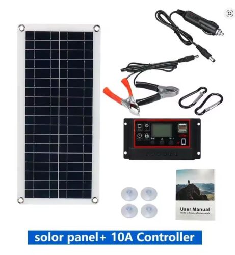 12V 30W napelemes töltő szivargyújtó csatlakozó, csipeszes kábel USB kimenettel mobil autó töltés