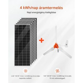 24V 1kW napelemes szélerőmű készlet, 6 db 100W-os monokristályos panel + 400W-os szélturbina és vezérlő + 25,6V 100Ah LiFePO4 akkumulátor + 24V 3kW hibrid napelemes inverter hajókhoz, farmokhoz, hálózaton kívüli használatra