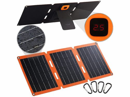 Foldable solar phone charging bag 12V 21W with USB-C and USB-A ports IP65 ETFE film