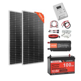   400W 12V-os napelem komplett szett, 2 db 200W-os monokristályos napelem + 12,8V 100Ah LiFePO₄ akkumulátor + 40A MPPT töltésvezérlő + 1000W-os inverter lakókocsikhoz, otthonokhoz, kempingezéshez, hajókhoz, hálózaton kívüli használatra