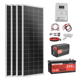 Off-grid napelem rendszer 400W 12V komplett szett 4x100W panel 12,8V 200Ah LiFePO4 akkumulátorral 40A MPPT vezérlővel és 2000W inverterrel
