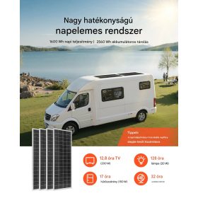 Off-grid napelem rendszer 400W 12V komplett szett 4x100W panel 12,8V 200Ah LiFePO4 akkumulátorral 40A MPPT vezérlővel és 2000W inverterrel