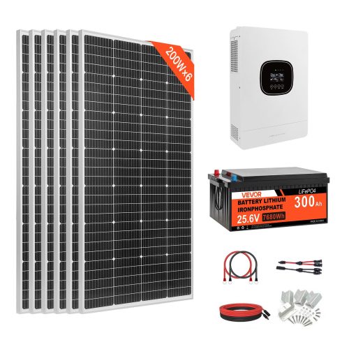 24V 1200W off-grid komplett napelem rendszer 6x200W panel, akkumulátorral 3600W hibrid inverterrel