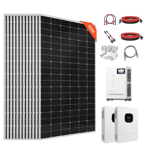 Off-grid napelem rendszer 4800W 48V komplett szett 12x400W panel 51,2V 300Ah LiFePO4 akkumulátorral és 2x5kW hibrid inverterrel