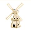 Solar toy, wooden windmill. An electric motor powered by a solar panel starts turning the windmill when the sun is right.