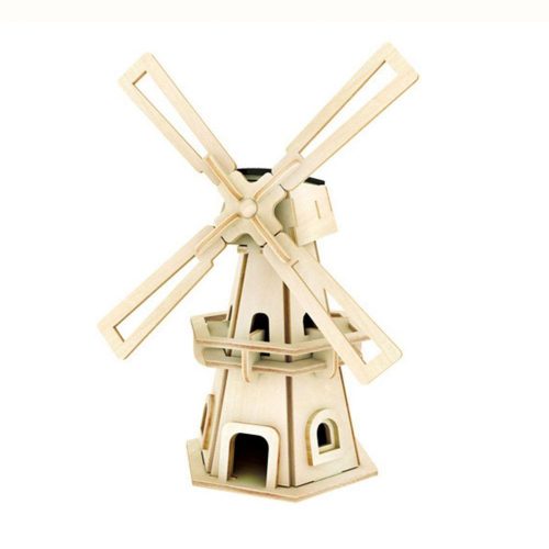 Solar toy, wooden windmill. An electric motor powered by a solar panel starts turning the windmill when the sun is right.