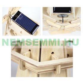   Napelemes játék, fa szélmalom. Napelem segítségével meghajtott villanymotor a szélmalmot forgatni kezdi megfelelő napsütés esetén.