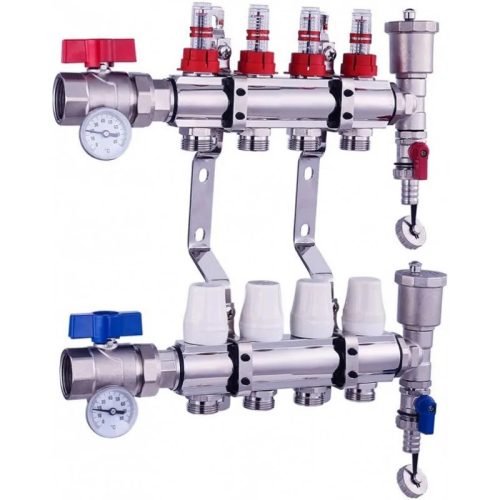 Heating distributor-collector 4-circuit heating distributor with flow meter with Eurocone connector 