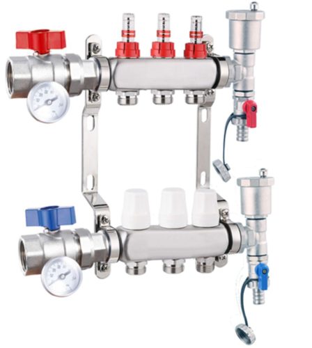 Fűtési osztó-gyűjtő 3 körös rozsdamentes acél, áramlásmérős fűtési elosztó padlófűtés számára