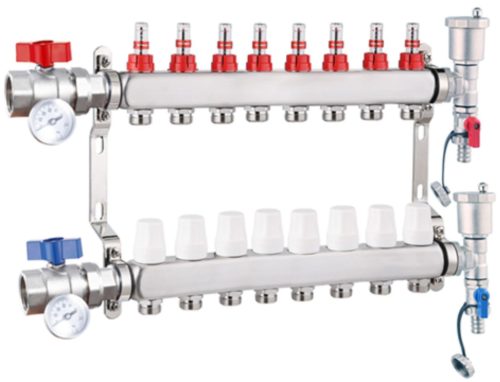 Fűtési osztó-gyűjtő 8 körös rozsdamentes acél, áramlásmérős fűtési elosztó padlófűtés számára