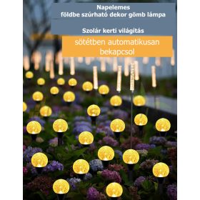 Napelemes dekor gömb lámpa 4 méter 10 gömb meleg fehér földbe szúrható kültéri világítás