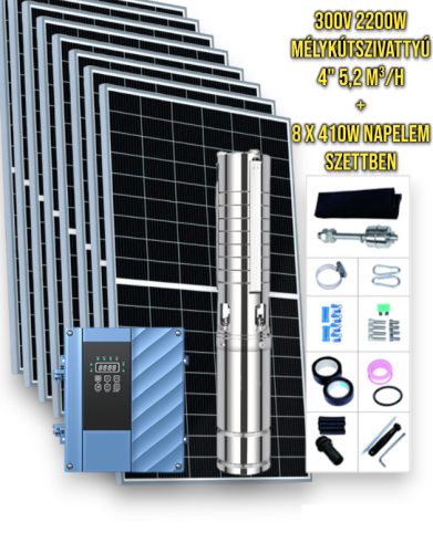 Solar irrigation pump set 300V AC/DC 2200W deep well pump 5.2 m³/h 255 meters lifting height - 8 x 410W mono solar panel solar controller - irrigation with deep well pump and solar energy!