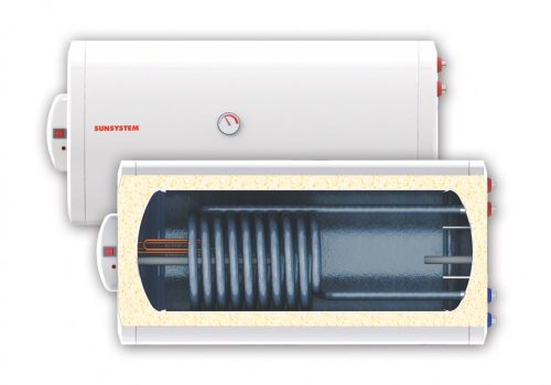 Horizontal SunSystem 120 liter hot water storage tank type BB 1 heat exchanger boiler 1.5 kW solar collector mounted built-in heat exchanger with tube snake horizontal wall boiler DHW