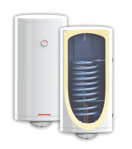 SunSystem 1 heat exchanger, 80l indirect wall storage + 2 kW heating element. DHW storage 1 heat exchanger boiler next to solar collector with additional electric heating 