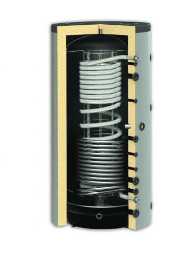 Buffer tank with 1 steel and 1 stainless steel heat exchanger 1000 liter Sunsystem. The inox pipe is used to heat domestic hot water with a fresh water module