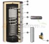 Buffer tank with 1 steel and 1 stainless steel heat exchanger, 800 liter Sunsystem. The inox pipe is used to heat domestic hot water with a fresh water module