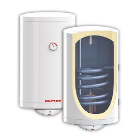   SunSystem 100l indirekt tároló 1 hőcserélős MB típusú bojler jobbos bekötés + nagy teljesítményű 2 kW fűtőbetét, jobbos. HMV tároló 1 hőcserélő bojler napkollektor mellé