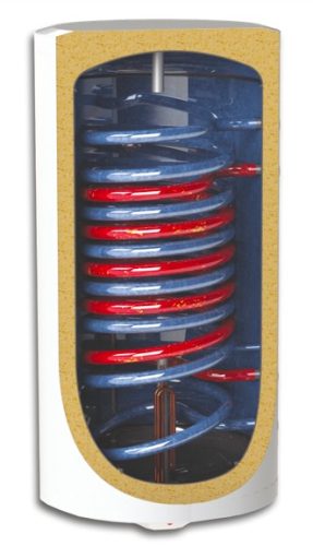 SunSystem 120l MB type indirect WALL storage, RARE 2 HEAT EXCHANGER version, 2 pipe snakes right + 3 kW heating insert. DHW storage, boiler next to solar collector