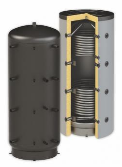 Buffer tank - 300 liter tank with 2 heat exchangers, CAN ALSO BE PLACED IN A CORNER, for hot water storage.
