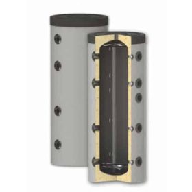   Fűtési keskeny puffer tároló - hőcserélő nélkül hőszigetelt 150 literes tartály melegvíz tárolás céljára. Sunsystem PS 150